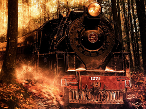forest, locomotive, viewes, Big Fire, trees, Train