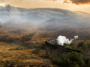 bridge, steam train, The Hills, ##, Scotland, Glenfinnan Viaduct, clouds