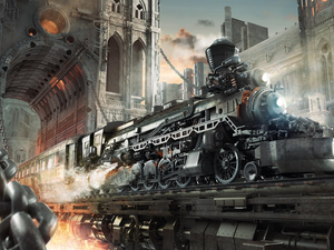 buildings, chain, Train, locomotive, Steampunk