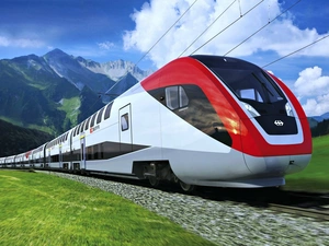 Mountains, medows, train, city, Relly Fast
