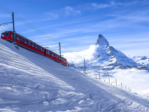 Electric train, winter, Pennine Alps Mountain Range, Matterhorn, Switzerland