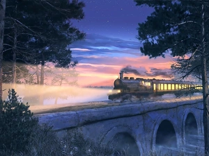trees, viewes, Train, Great Sunsets, bridge