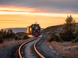 viewes, Great Sunsets, steam train, trees, The Hills