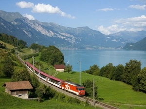 Mountains, Train, viewes, lake, trees, electric
