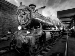 Hogwart Express Train, station, Black and white, locomotive