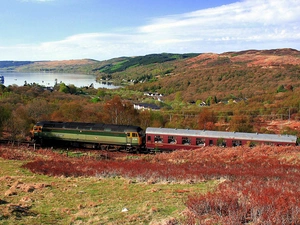 lake, medows, Train, The Hills