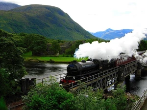 Train, River, Mountains, bridge