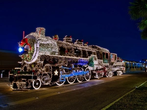 decoration, locomotive, lights, platform, Train, Christmas, Night