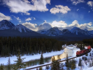 winter, River, nternal combustion, Mountains