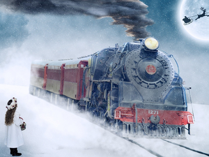 moon, Santa Claus Team, girl, Train, winter