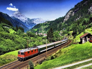 village, Train, woods, Valley, Alps