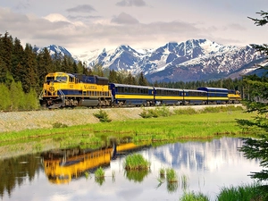 Train, Mountains, Alaska, woods