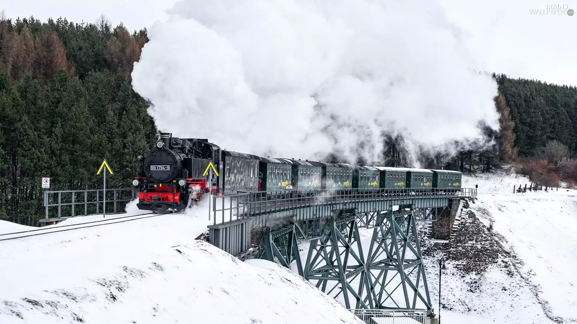 steam, Train, snow, bridge, winter, locomotive