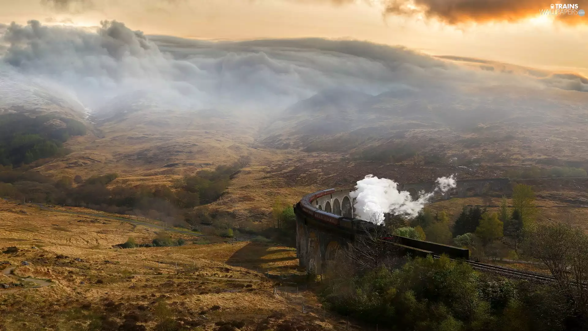 bridge, steam train, The Hills, ##, Scotland, Glenfinnan Viaduct, clouds