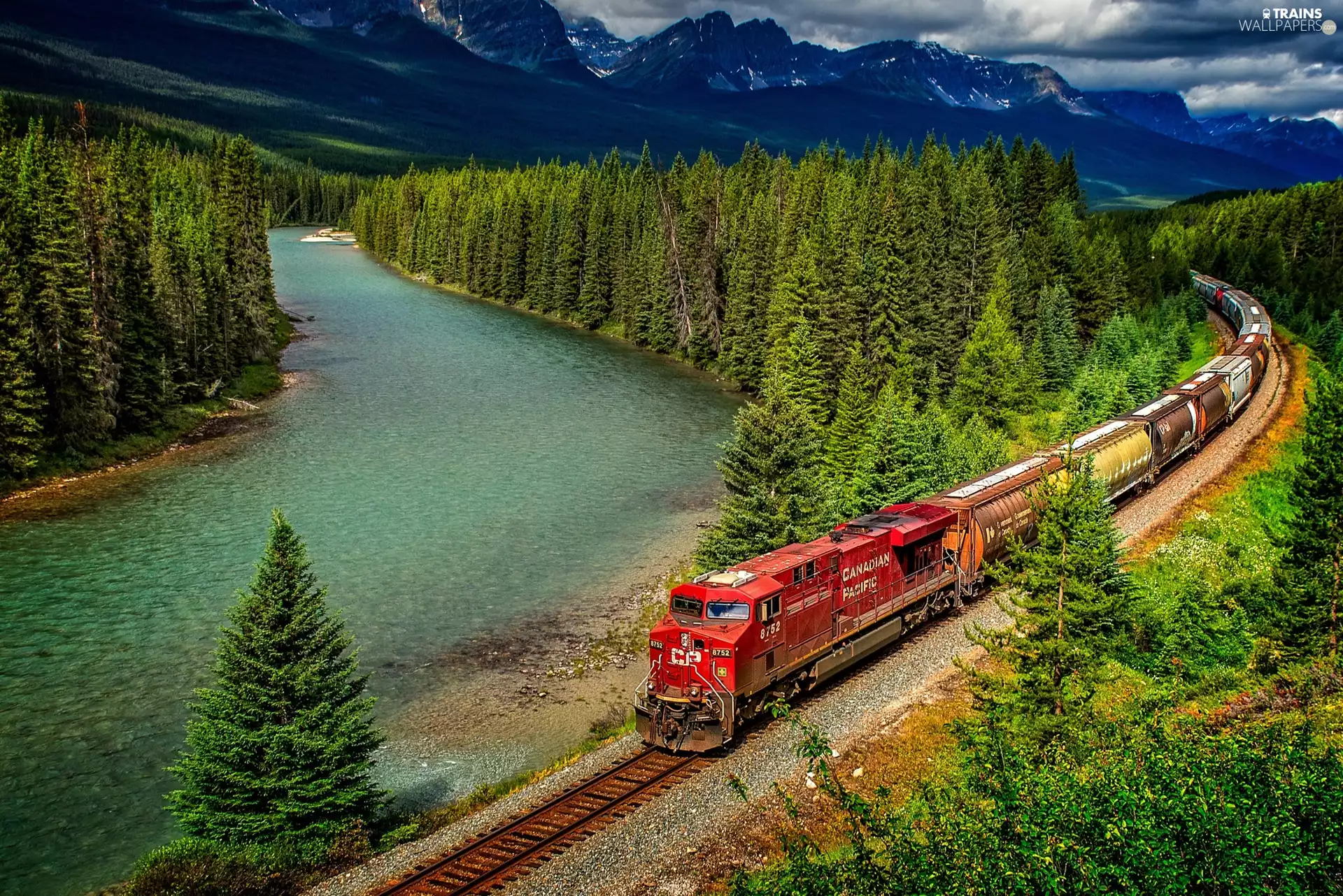 woods, Train, Alberta, Canada, Mountains, River