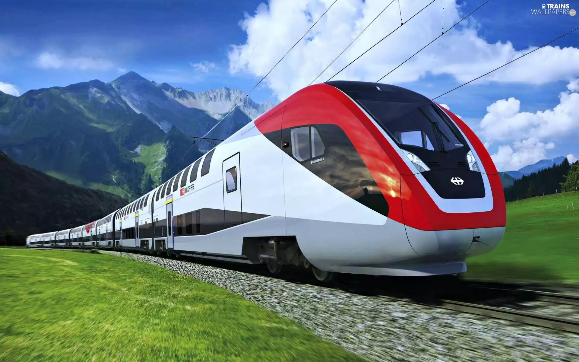 Mountains, medows, train, city, Relly Fast