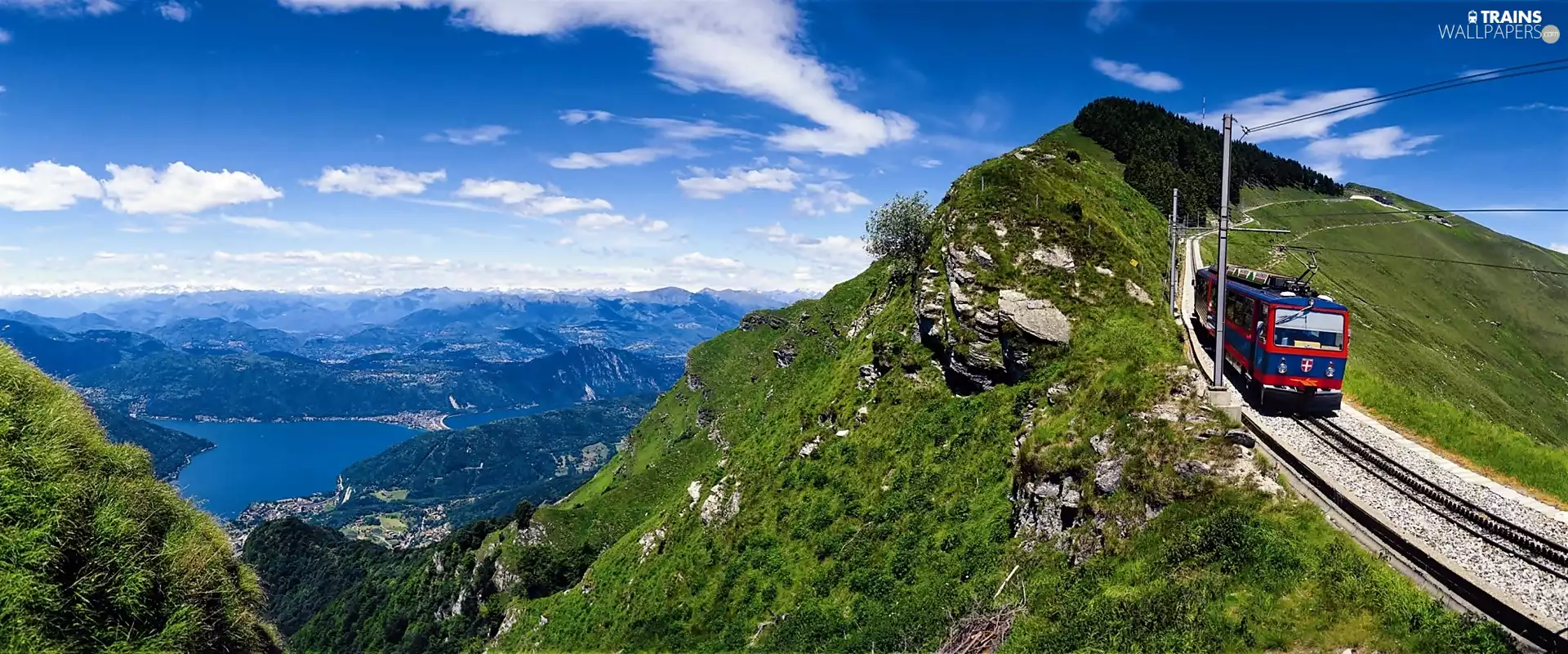 lake, Mountains, VEGETATION, clouds, Train, Valley