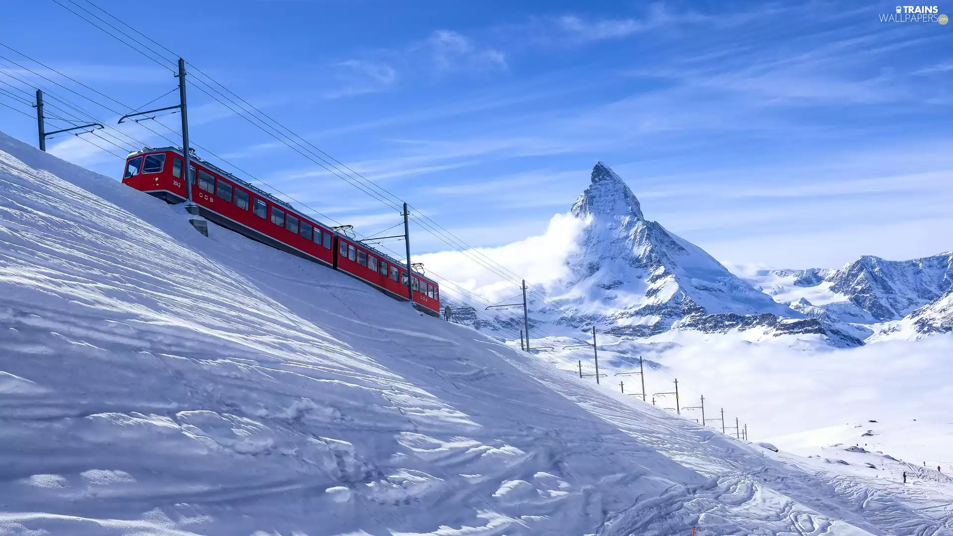 Electric train, winter, Pennine Alps Mountain Range, Matterhorn, Switzerland