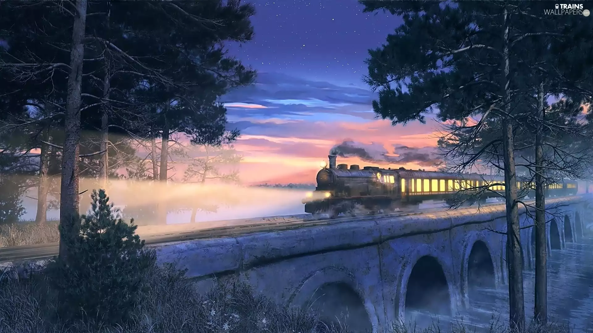 trees, viewes, Train, Great Sunsets, bridge