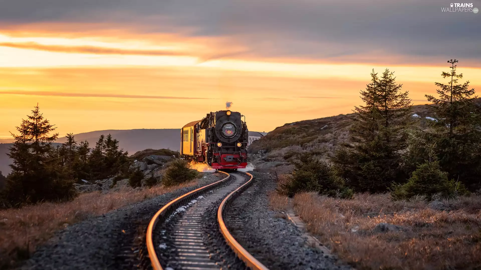 viewes, Great Sunsets, steam train, trees, The Hills