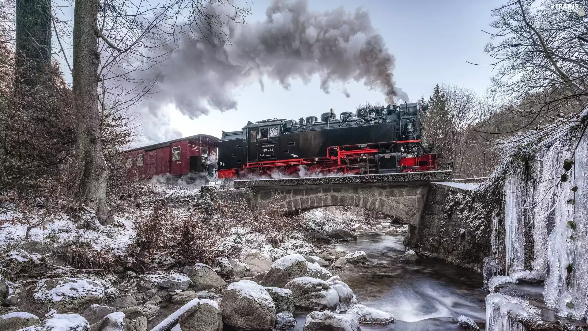 Stones, bridge, viewes, River, steam train, trees, icicle