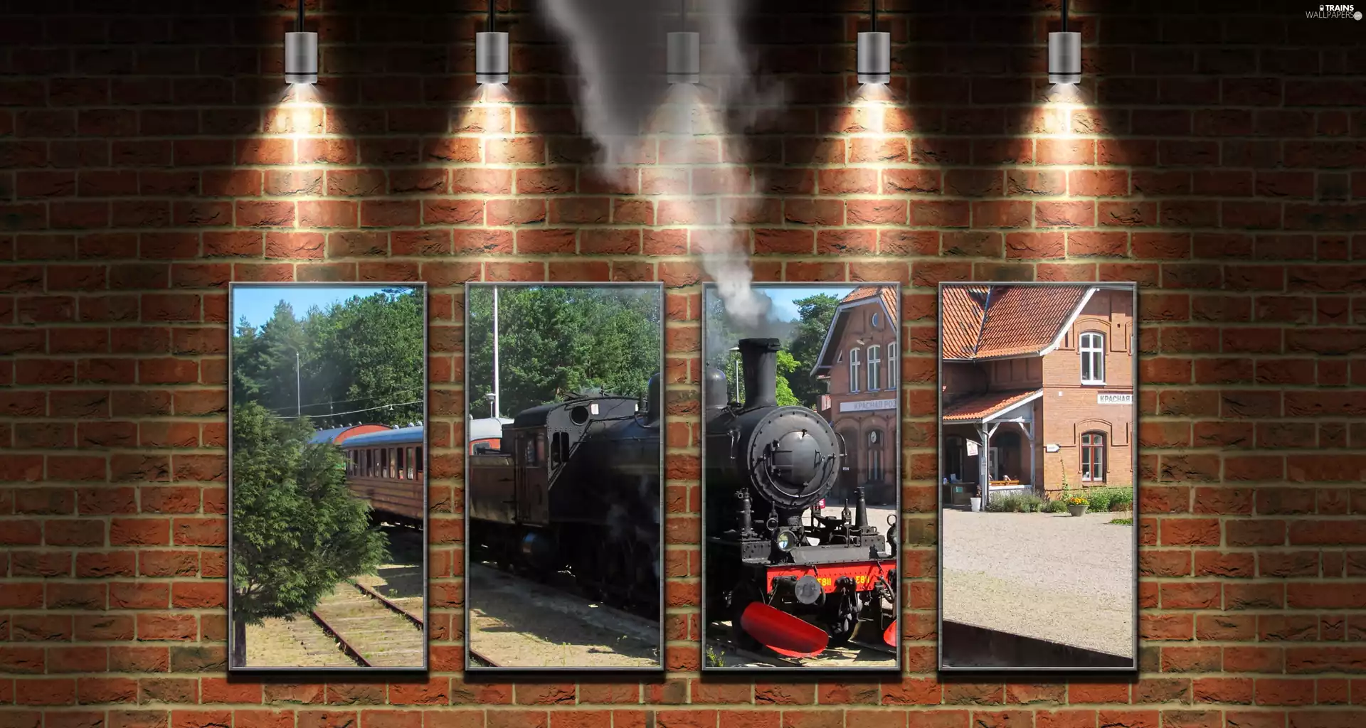 four, wall, steam train, picture, wall, elements, Lamps