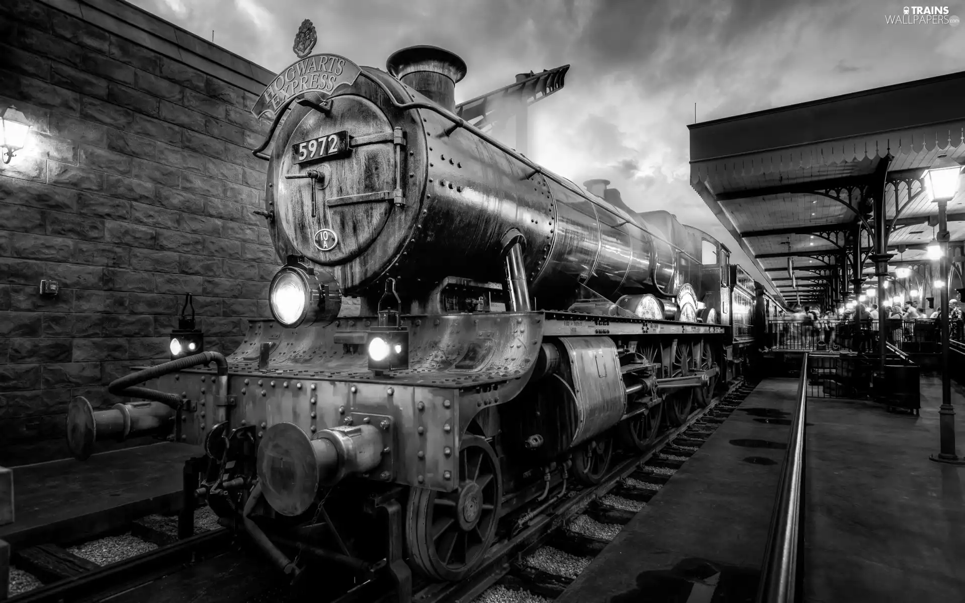 Hogwart Express Train, station, Black and white, locomotive