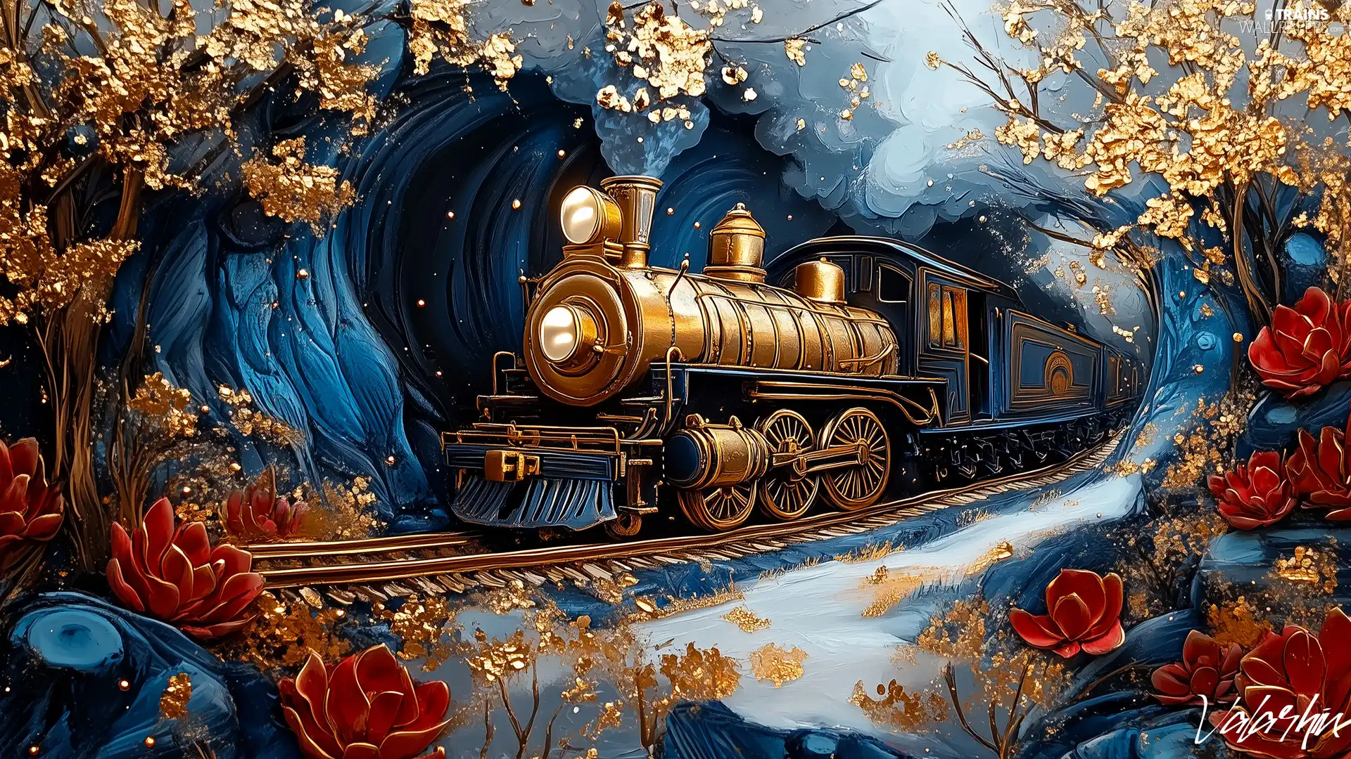 locomotive, Golden, Flowers, trees, Red, steam train, graphics, viewes