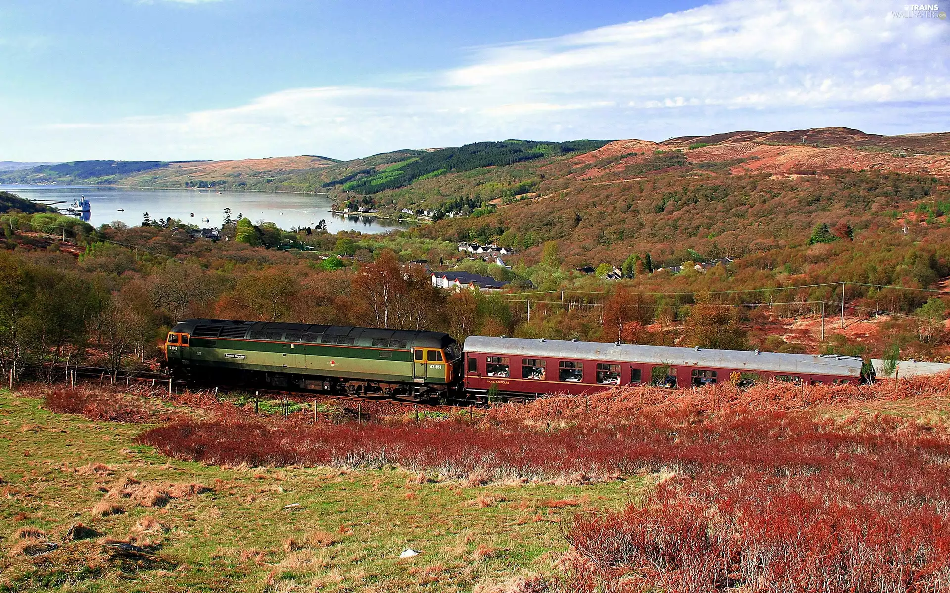 lake, medows, Train, The Hills