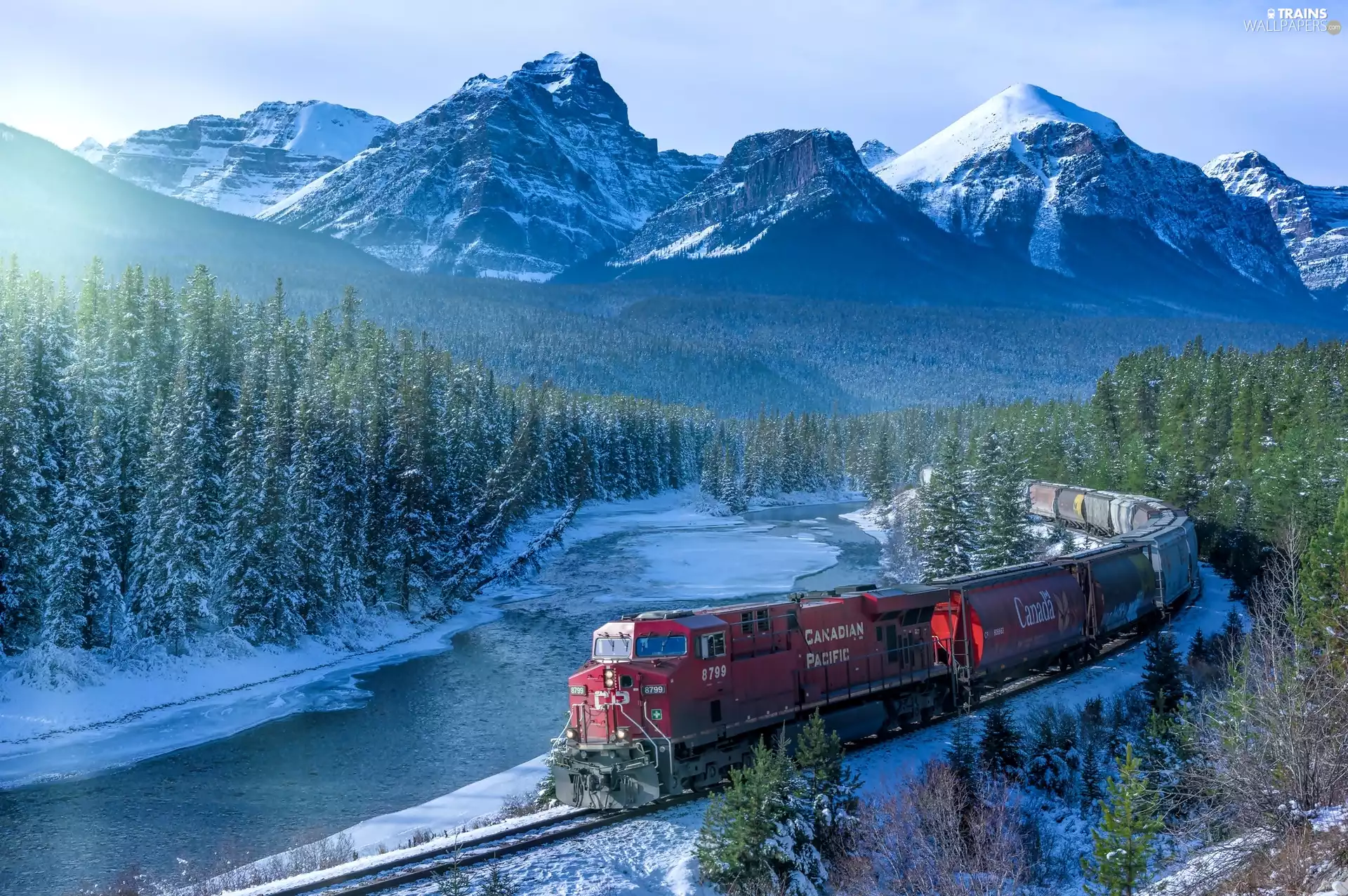 winter, Spruces, Train, Mountains