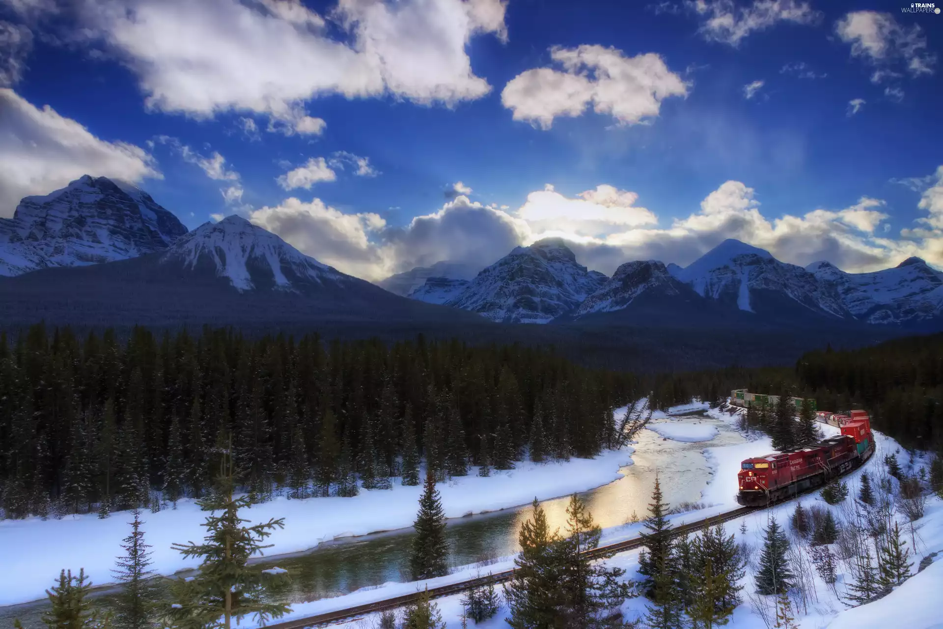 winter, River, nternal combustion, Mountains