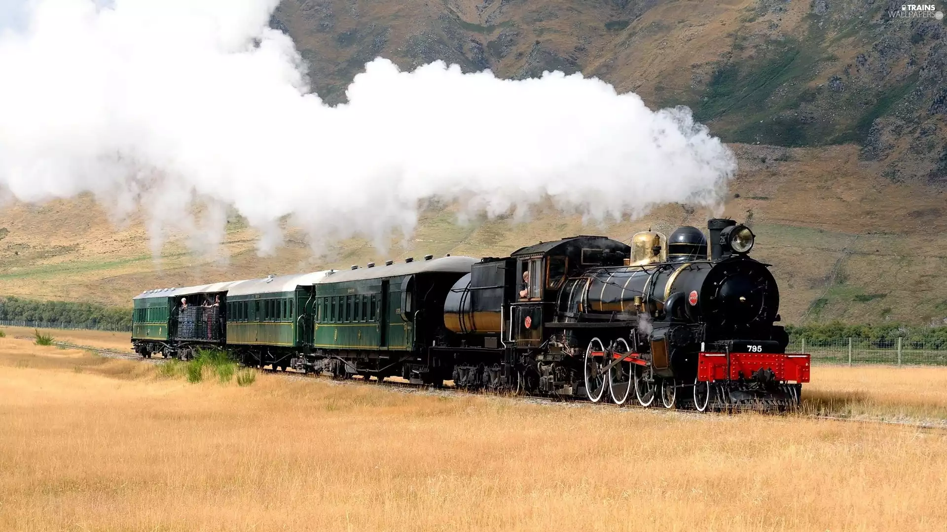 Train, Mountains, Meadow, steam
