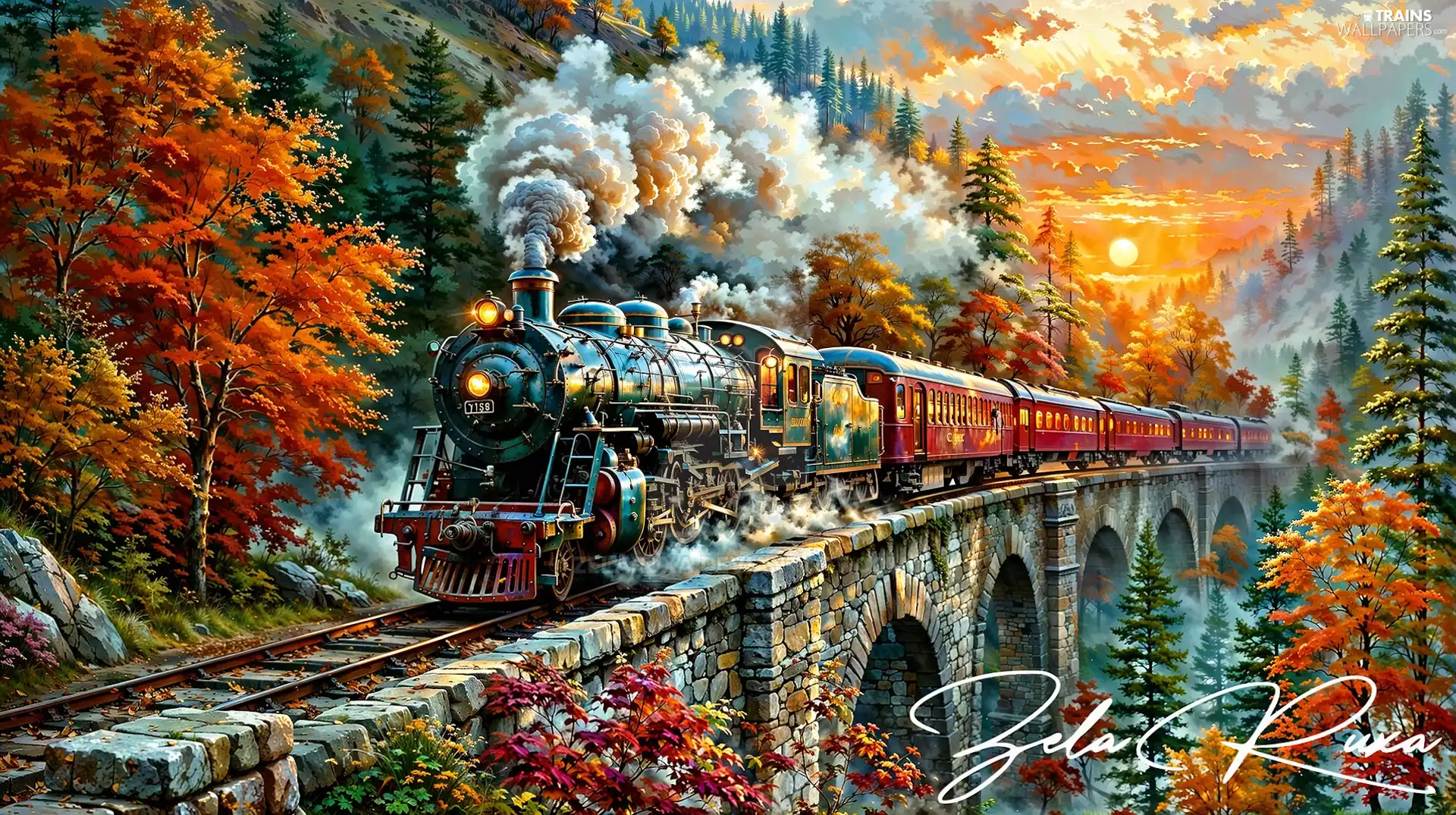 autumn, overpass, forest, steam train, graphics, smoke, sun