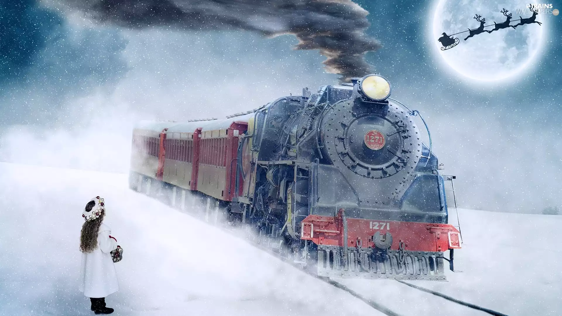 moon, Santa Claus Team, girl, Train, winter