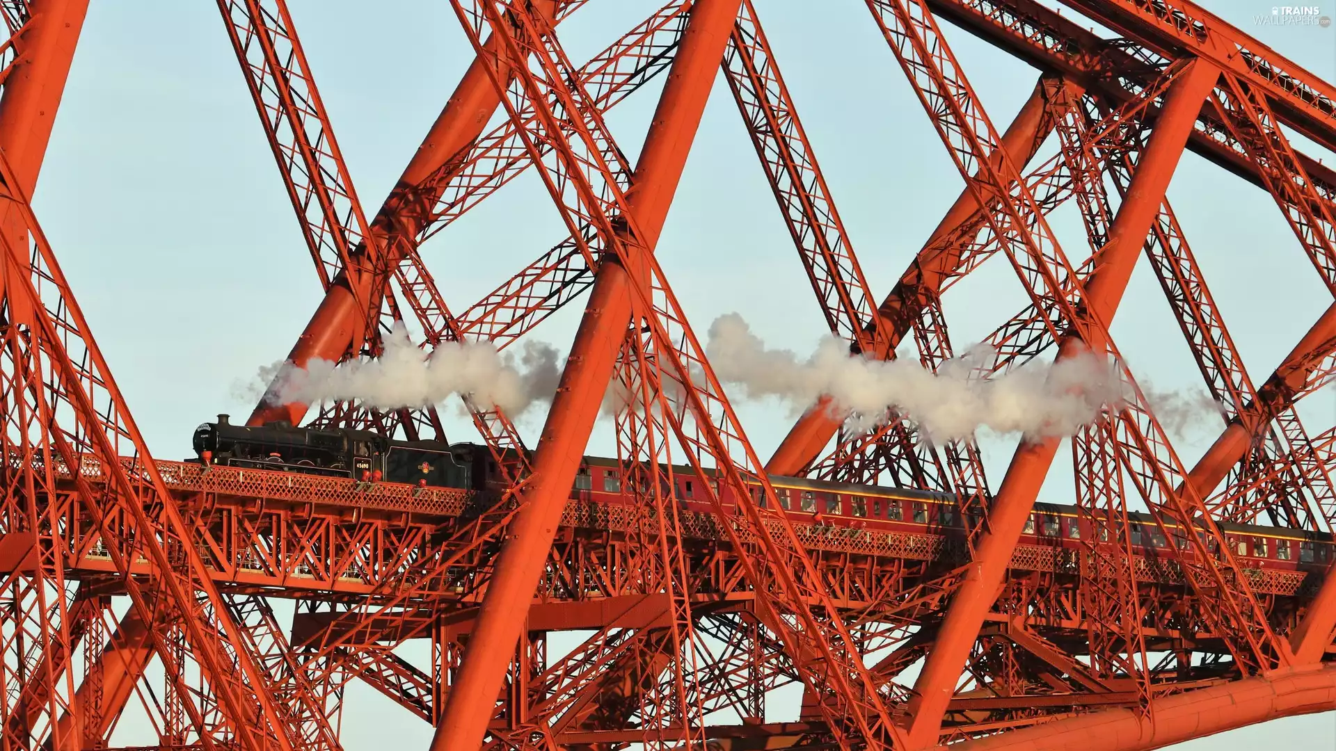 locomotive, Forth Bridge, Edynburg, Scotland, smoke, steam train
