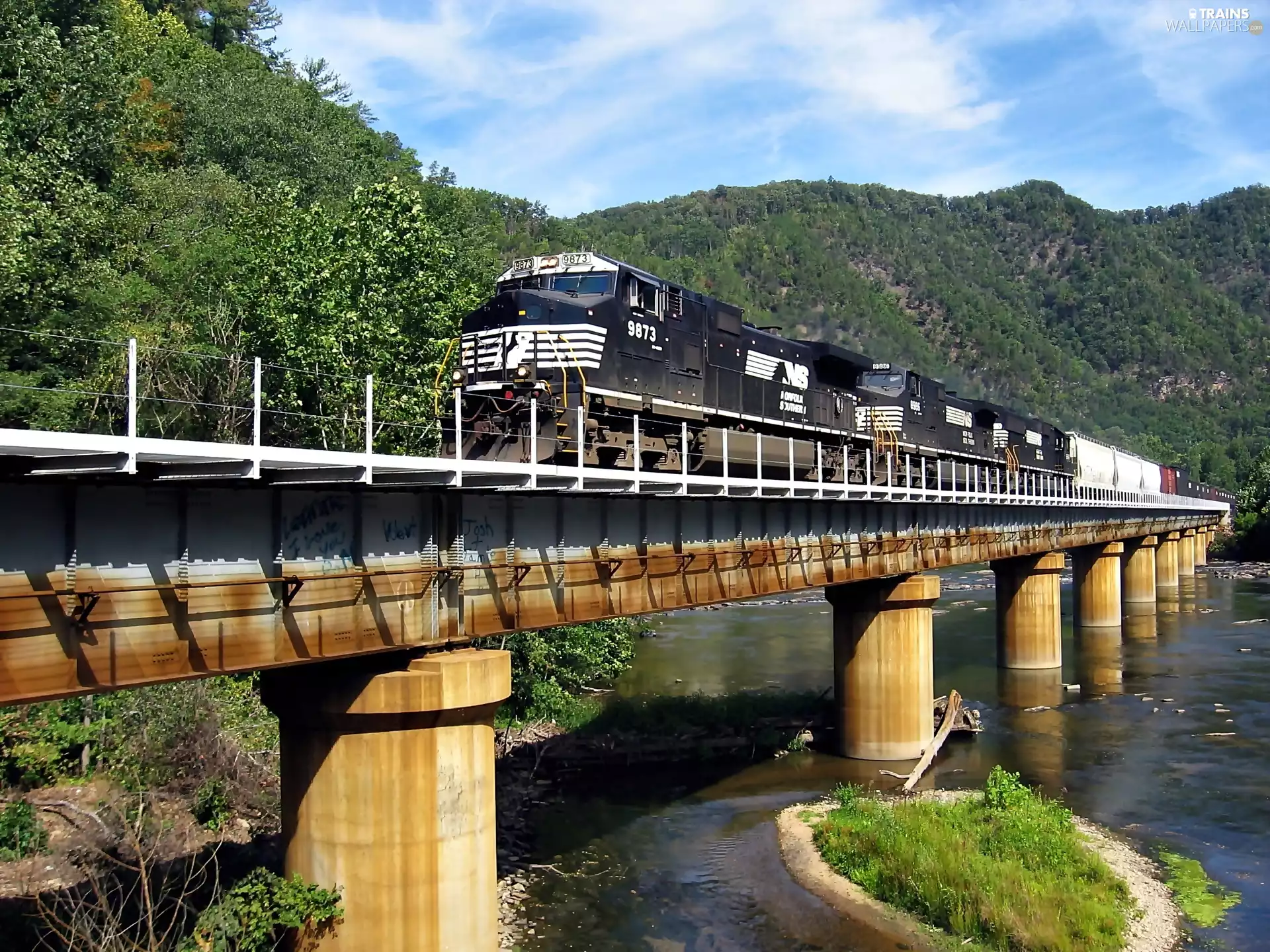 River, Mountains, railway, Train, bridge, forest