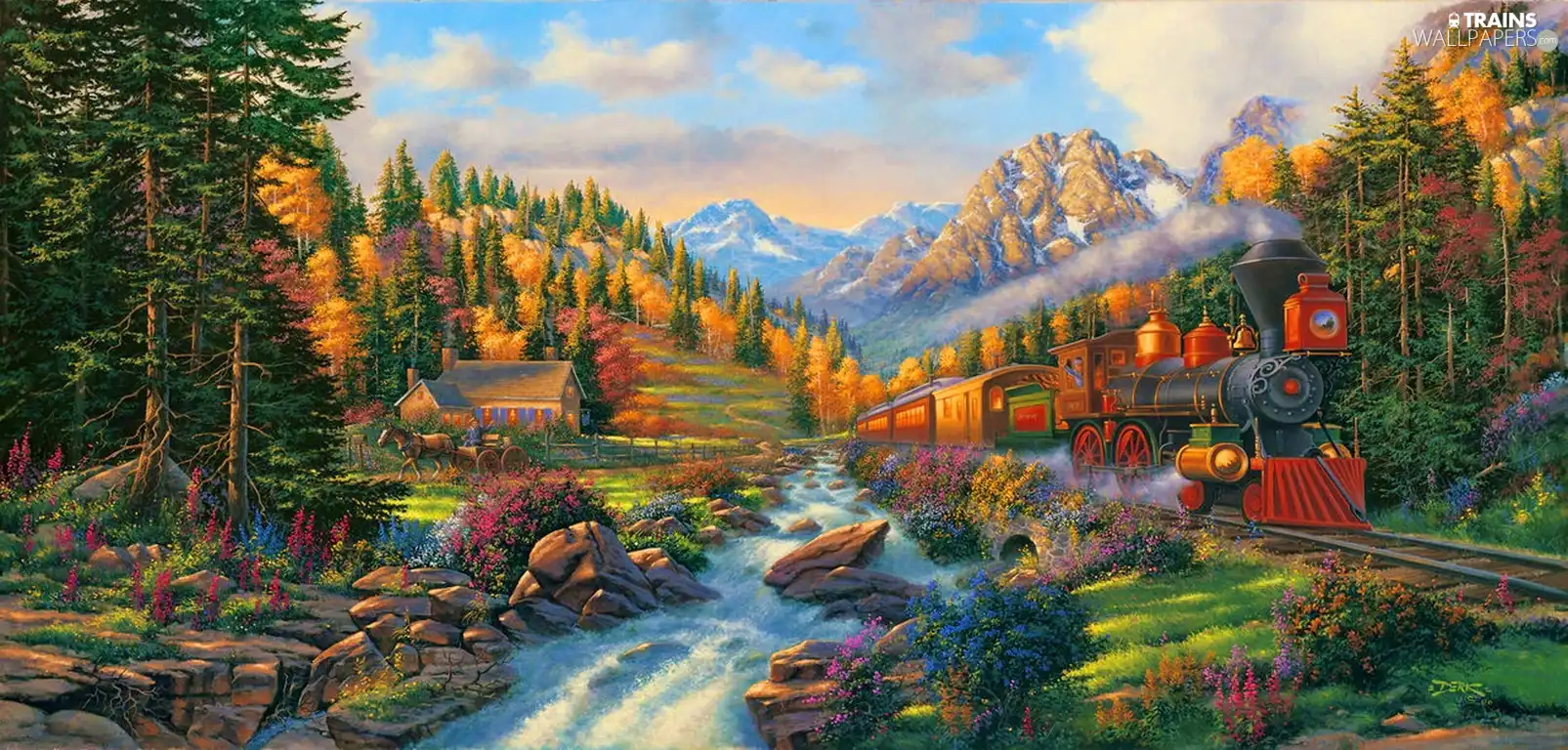 River, Mountains, view, Train