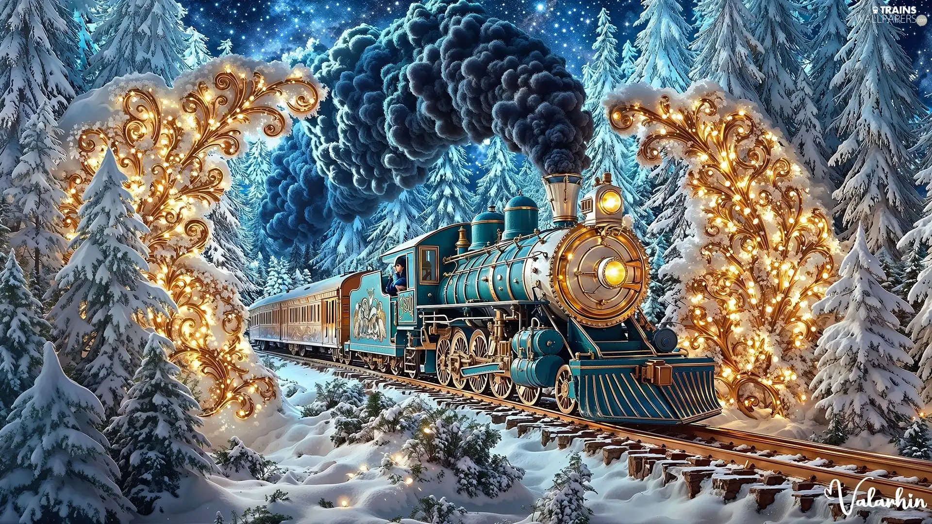 trees, graphics, steam train, viewes, locomotive, ##, smoke, Snowy, winter, Black, personal