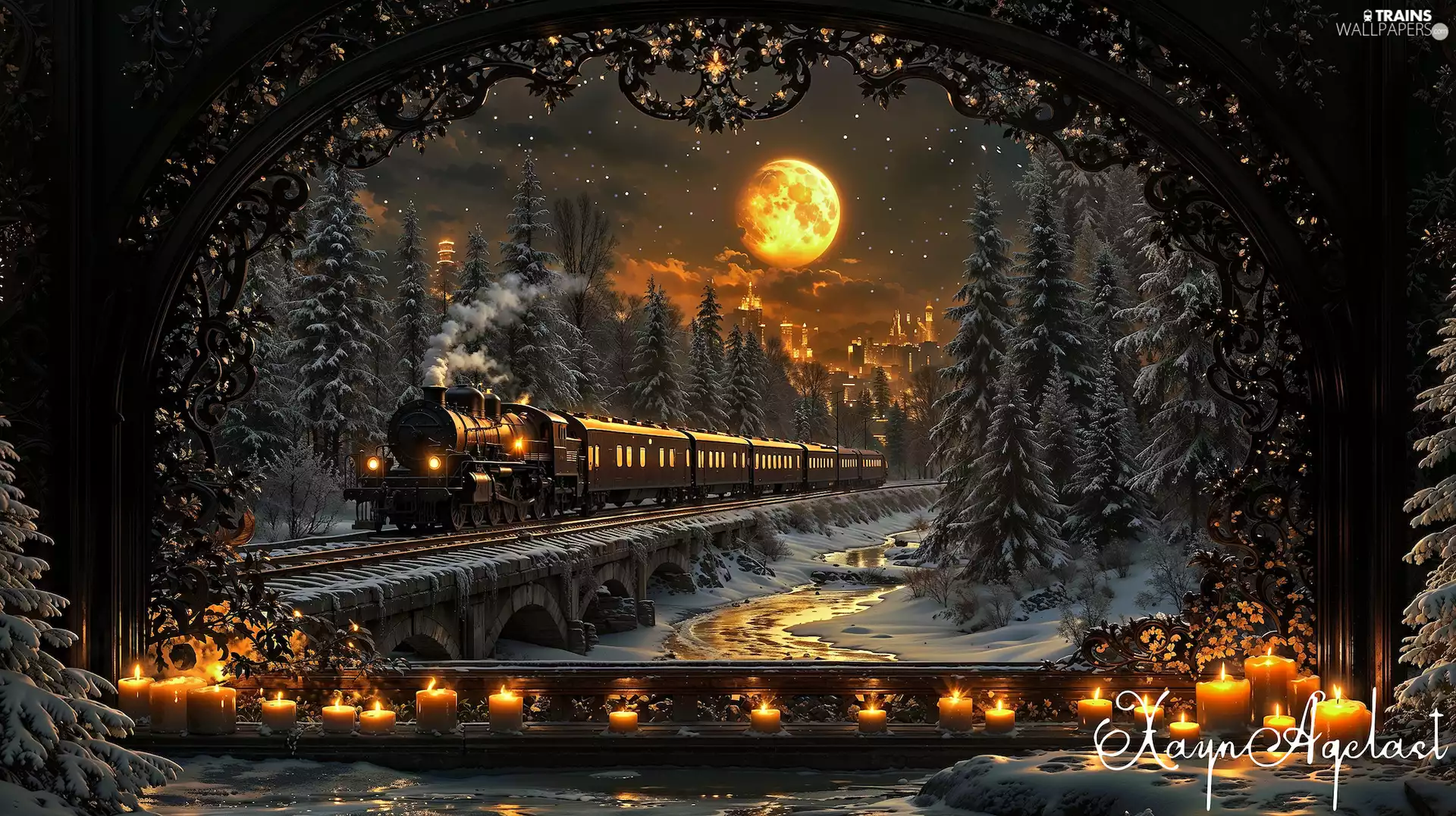 moon, steam train, viewes, Night, graphics, trees, winter