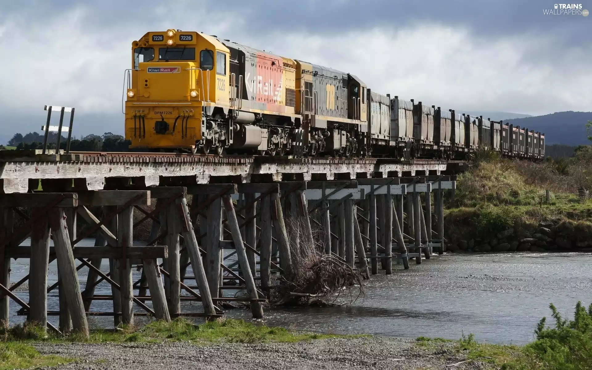 Train, bridge, River, wooden