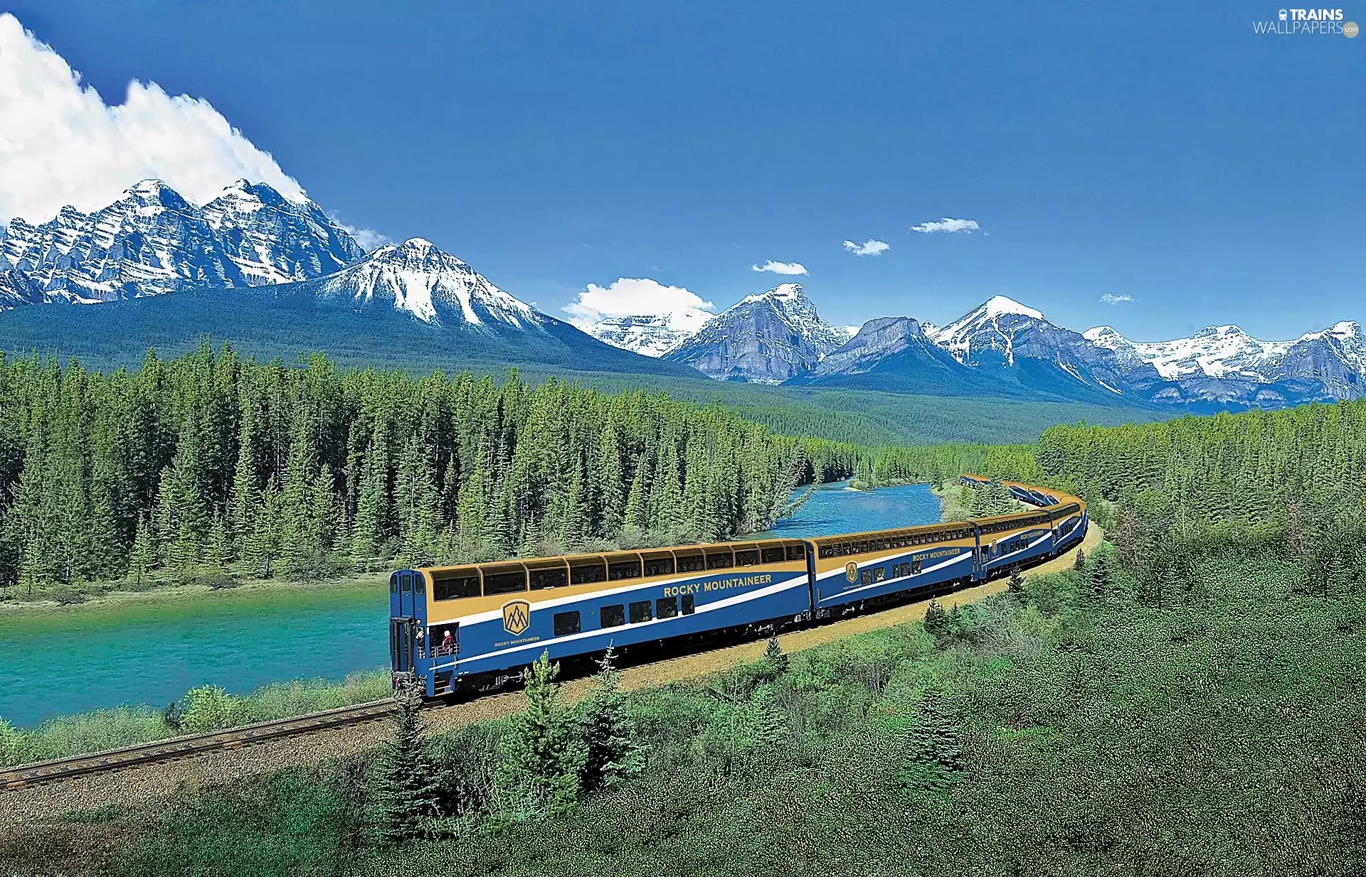 Mountains, River, Train, woods