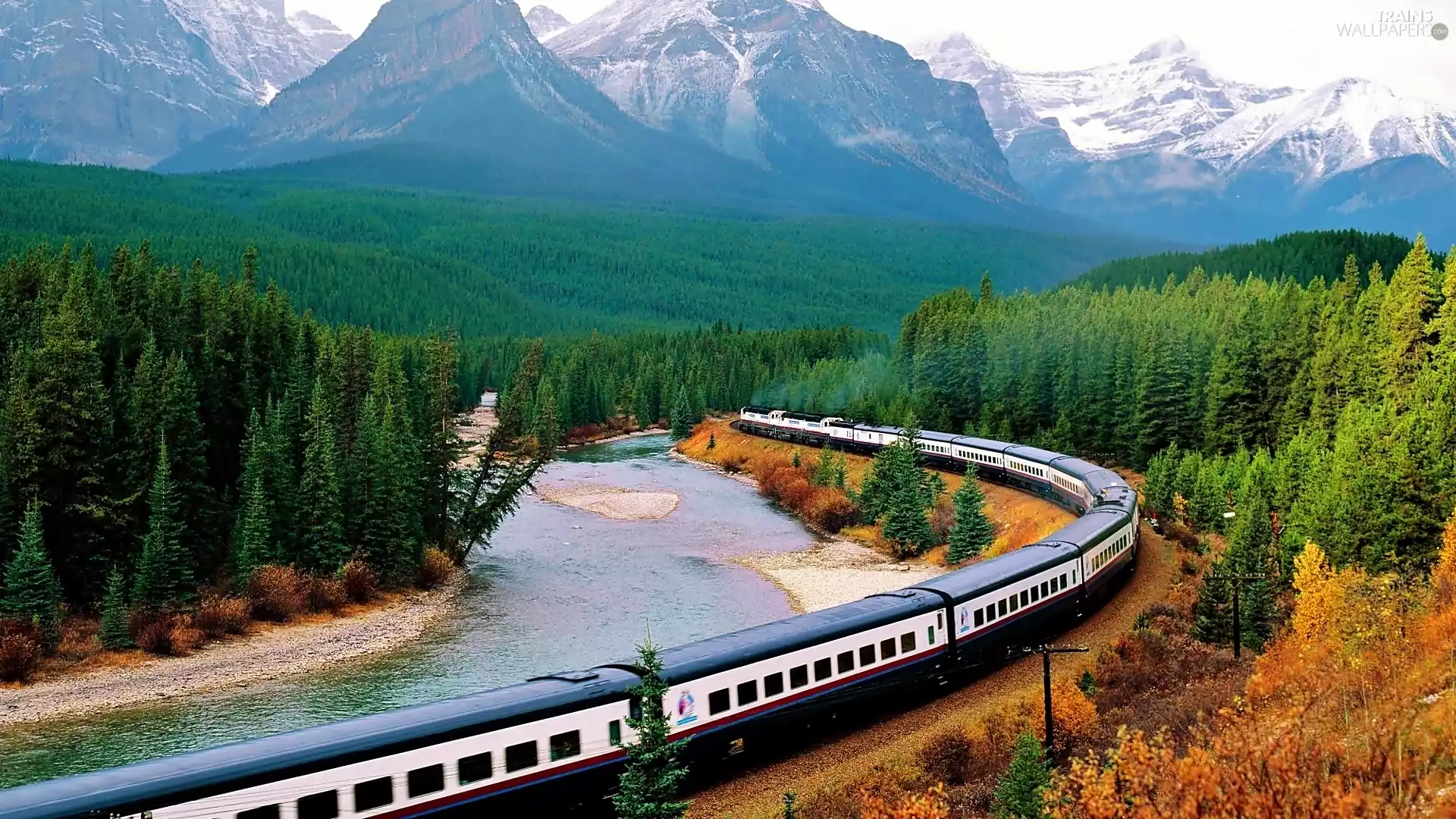 Mountains, River, Train, woods